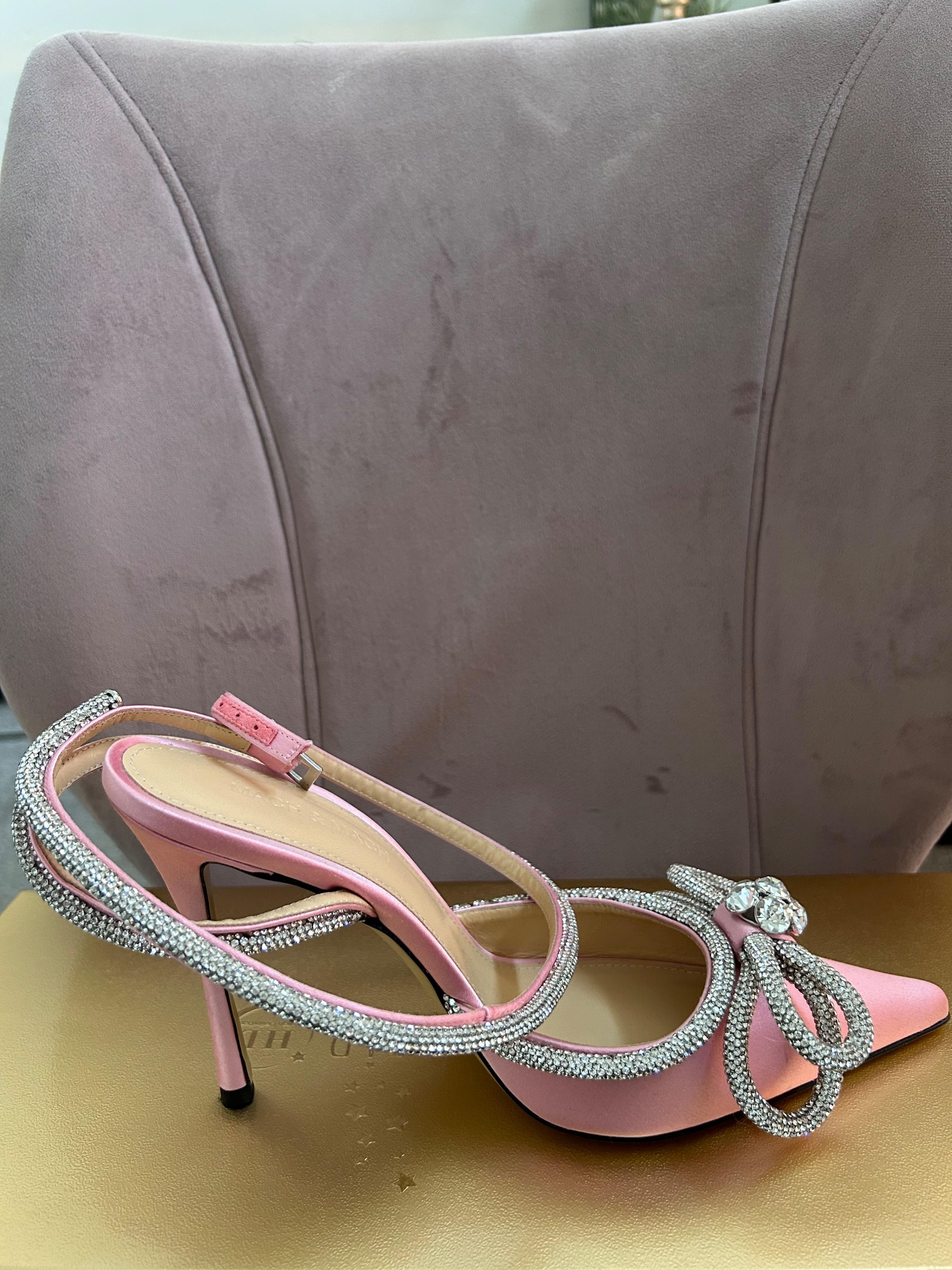 Double Bow Crystal Embellished Pink Satin Pumps