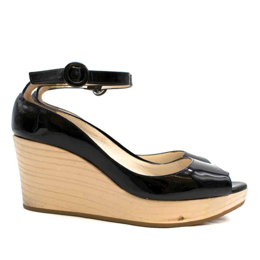 Rupert Sanderson Black Patent Leather Peep-Toe Wooden Wedges