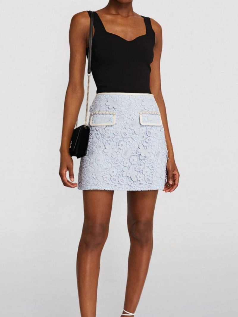 Self Portrait Powder Blue Guipure Lace Mini Skirt