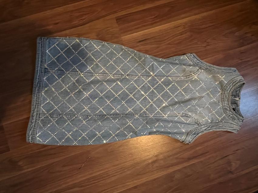 Blue rhinestone embellished fitted denim dress