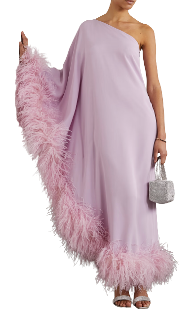 Ubud one-sleeve feather-trimmed crepe gown