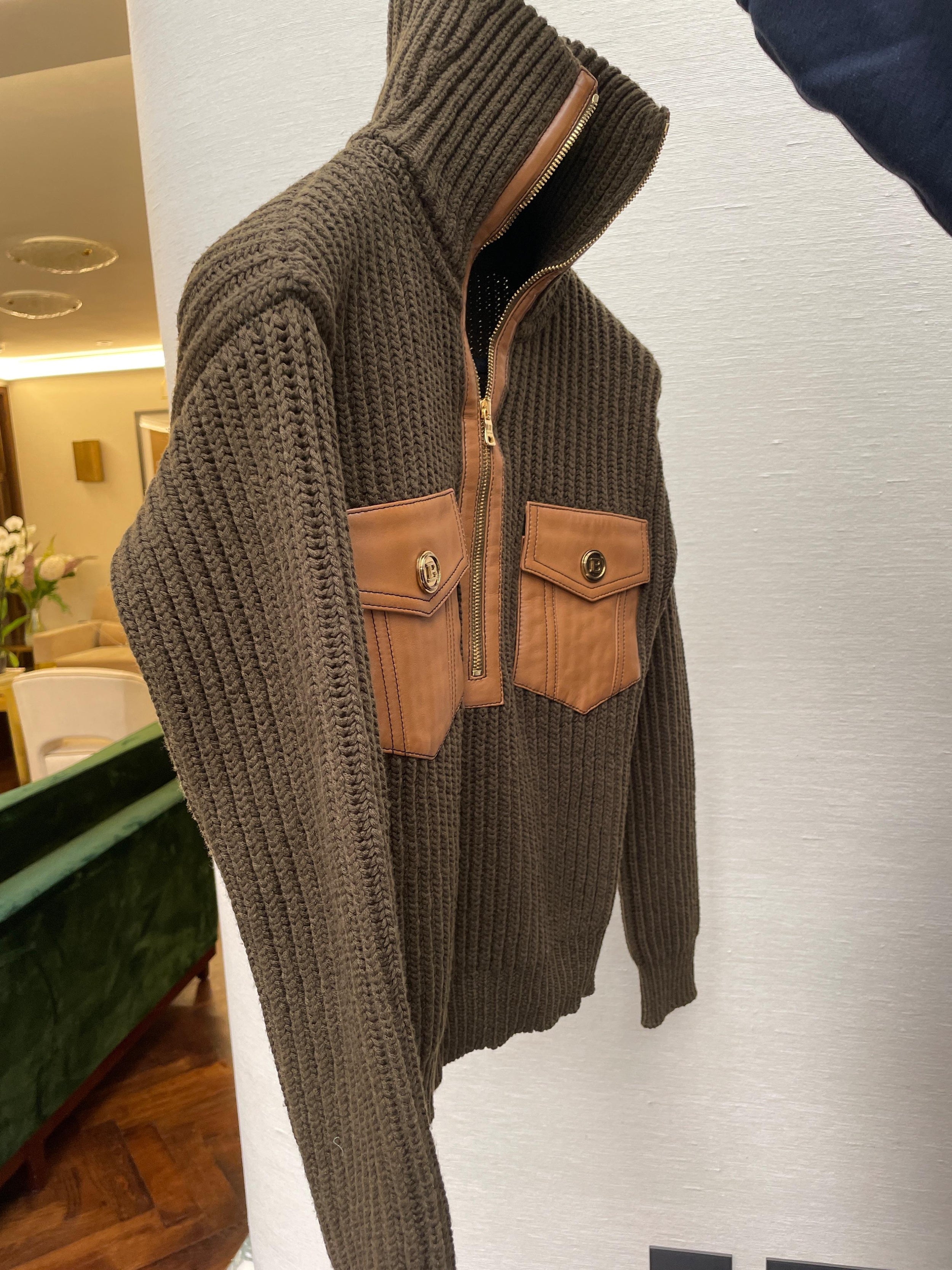 Khaki Ribbed Funnel Neck Sweater