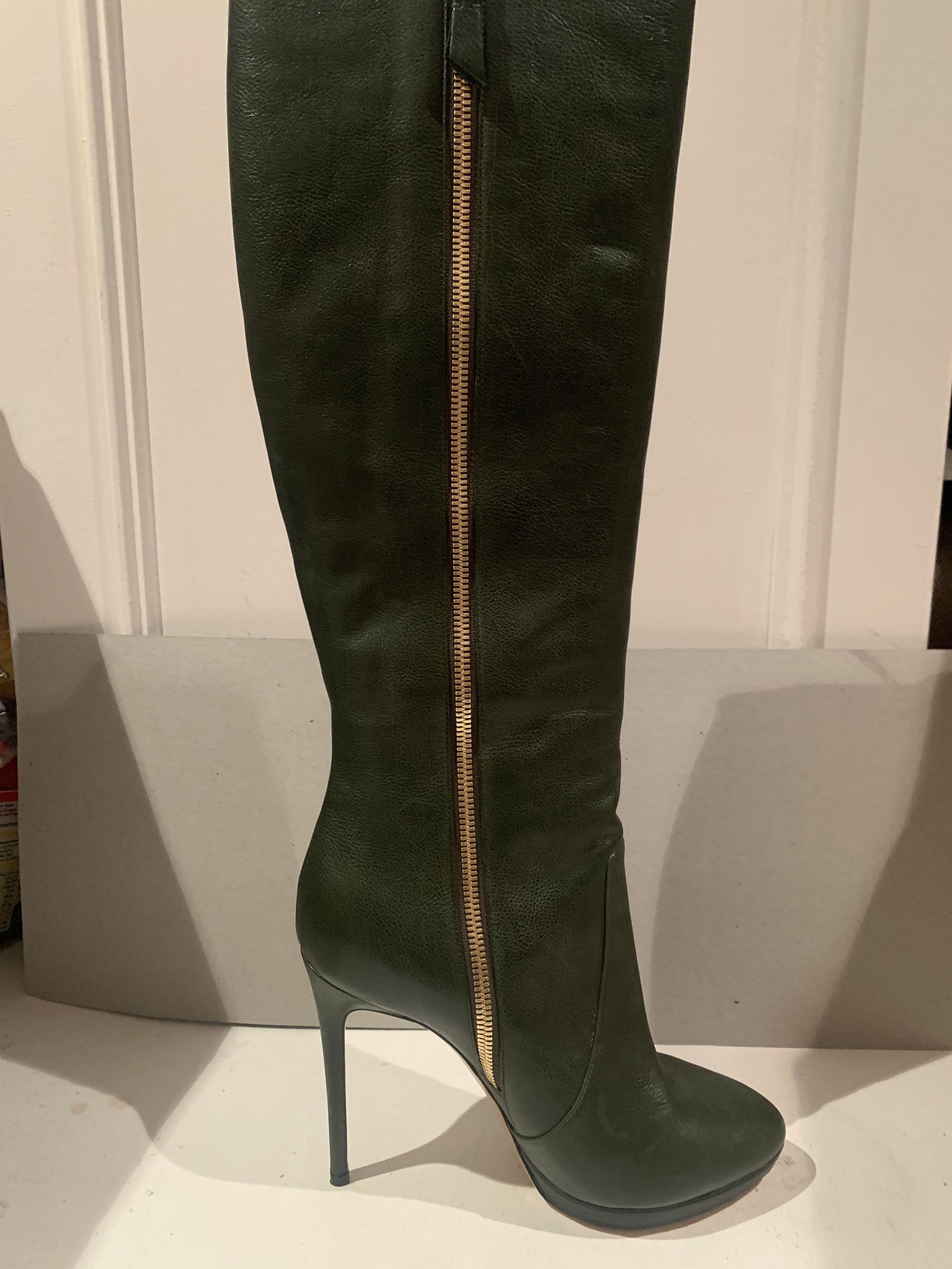 Casadei Bottle Green Leather Knee Boots