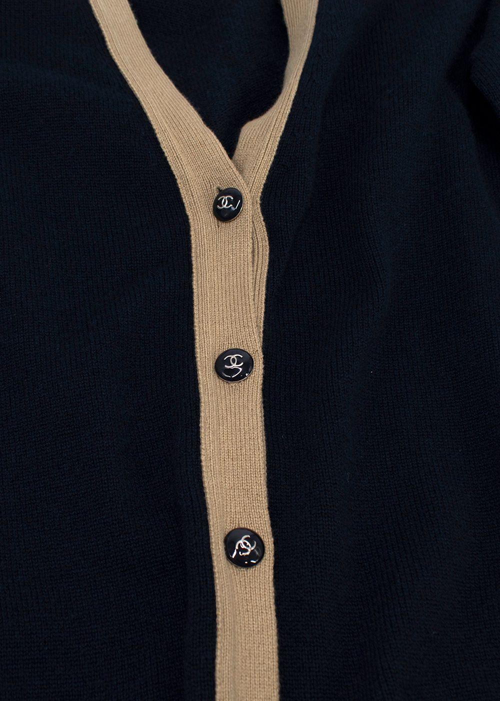 Chanel Contrast Trim Navy Cashmere Longline Cardigan