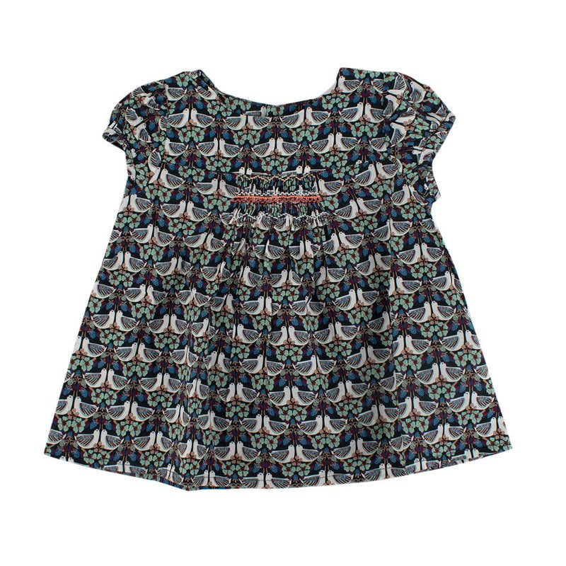 Turtledove Print Black Cotton Smocked Blouse