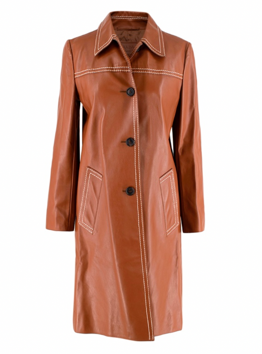 Prada Tan Topstich Leather Coat
