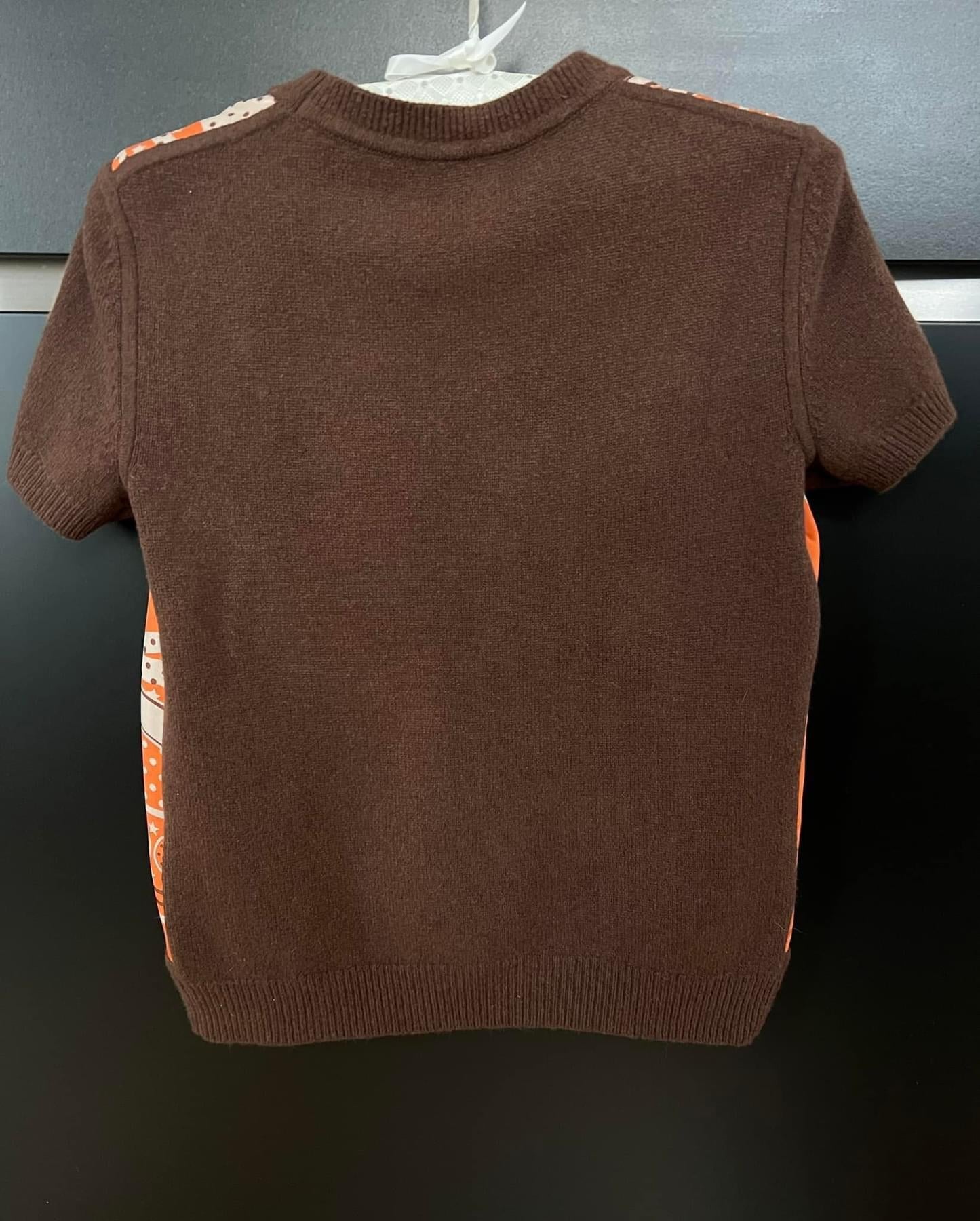 Hermes Orange and Brown Silk Blend Short Sleeve Twillaine Top
