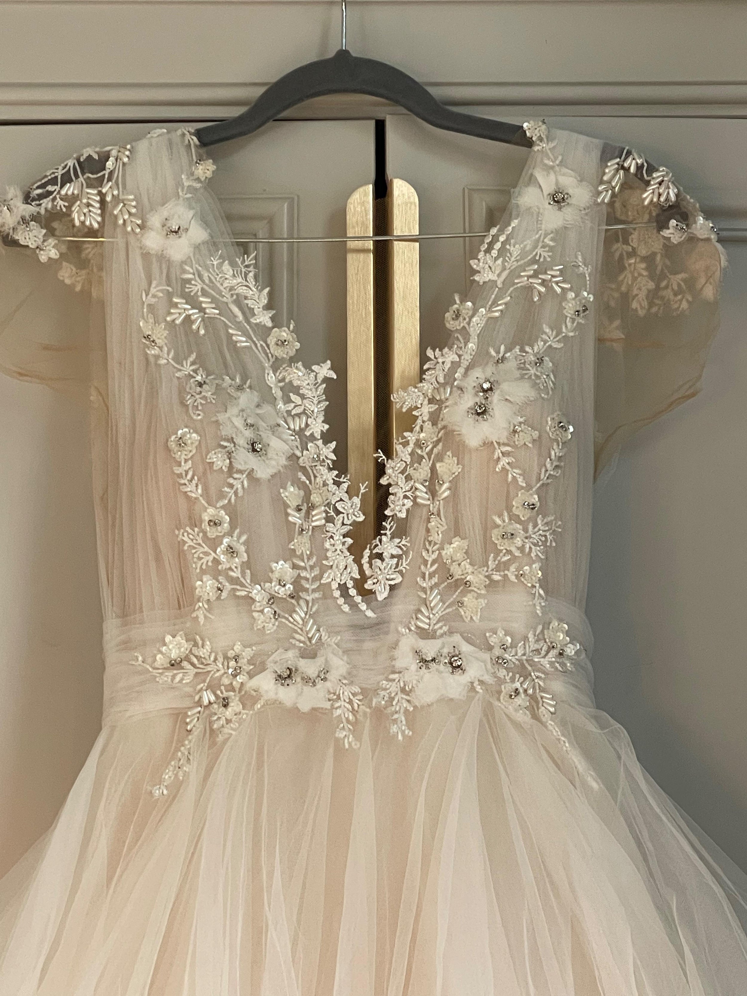 Custom Made Floral Embroidered Tiered Wedding Dress