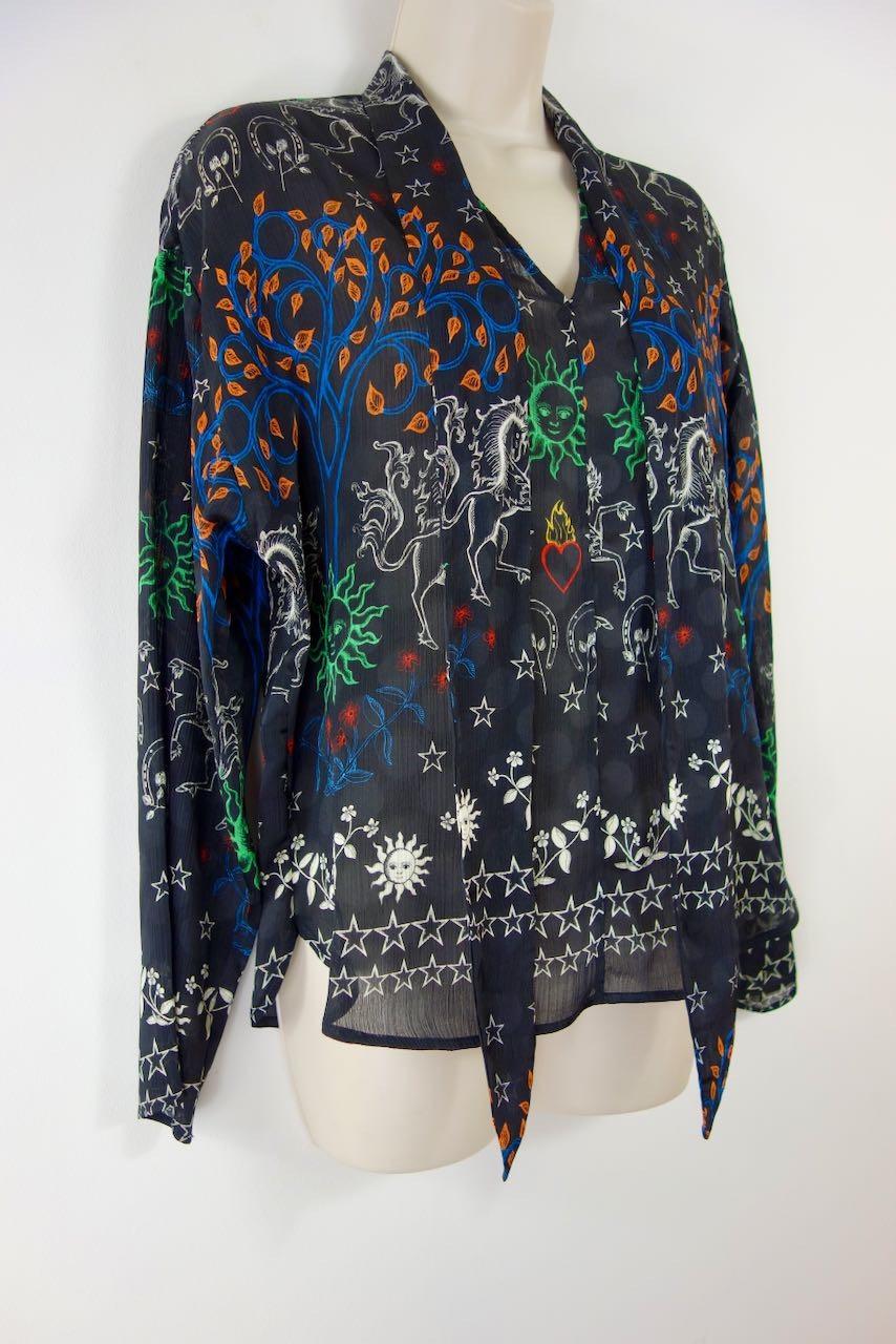 Black zodiac print crepe lavaliere blouse