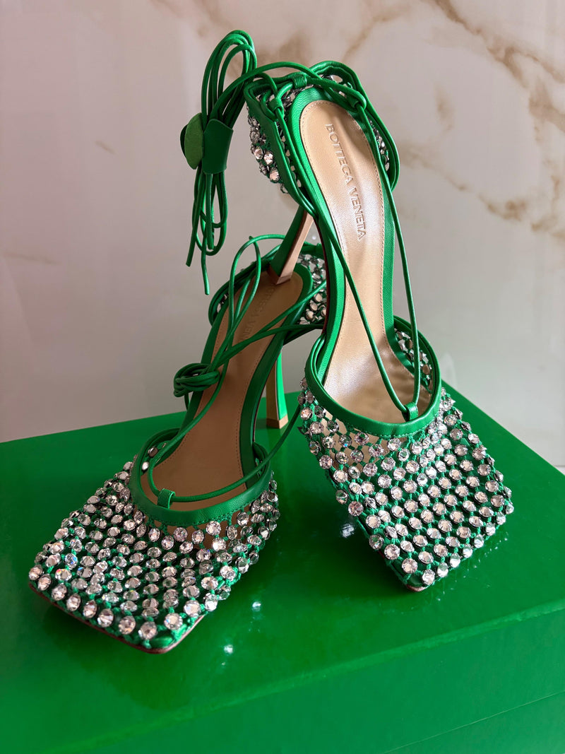 Bottega Veneta Green Sparkle Stretch Crystal Heels