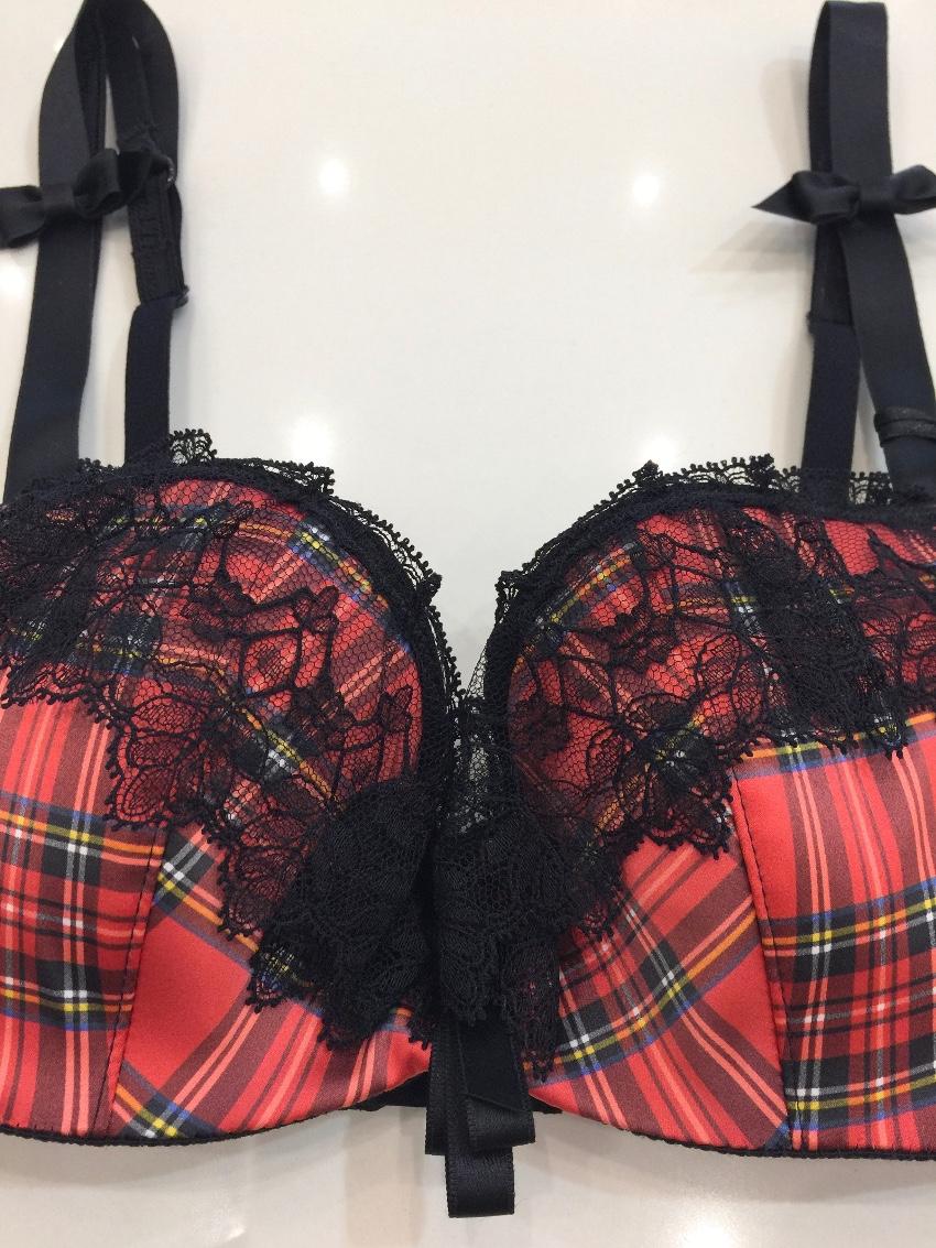 Chantal Thomass Tartan Satin & Leavers Lace Pad Bra & Brief Set