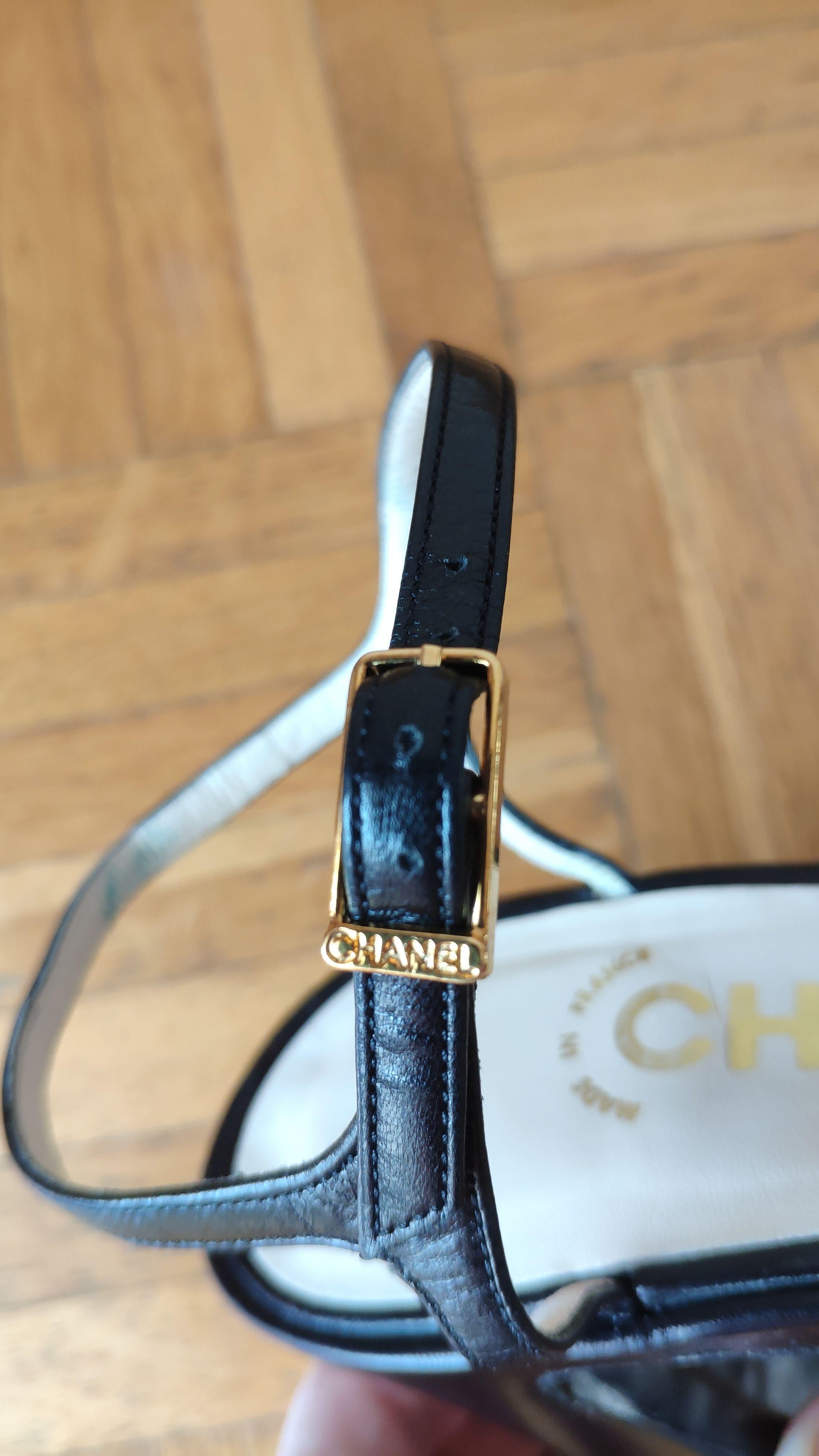 Chanel Black Leather Logo Plate Block Heel Sandals