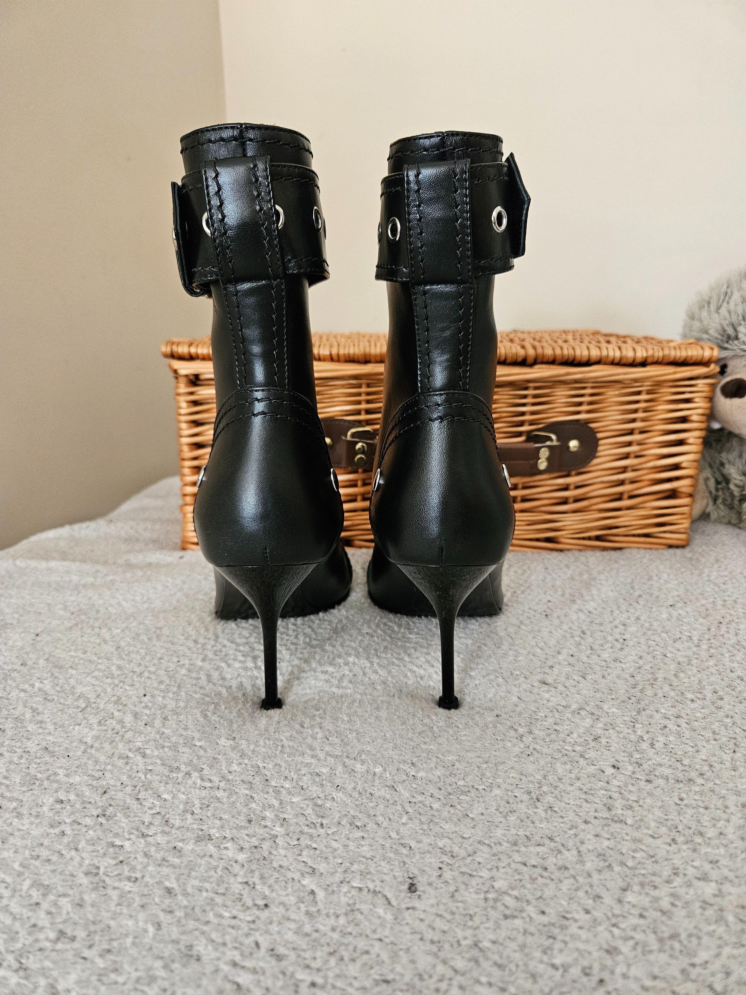 Alexander McQueen Black Buckle Heeled Ankle  Boots