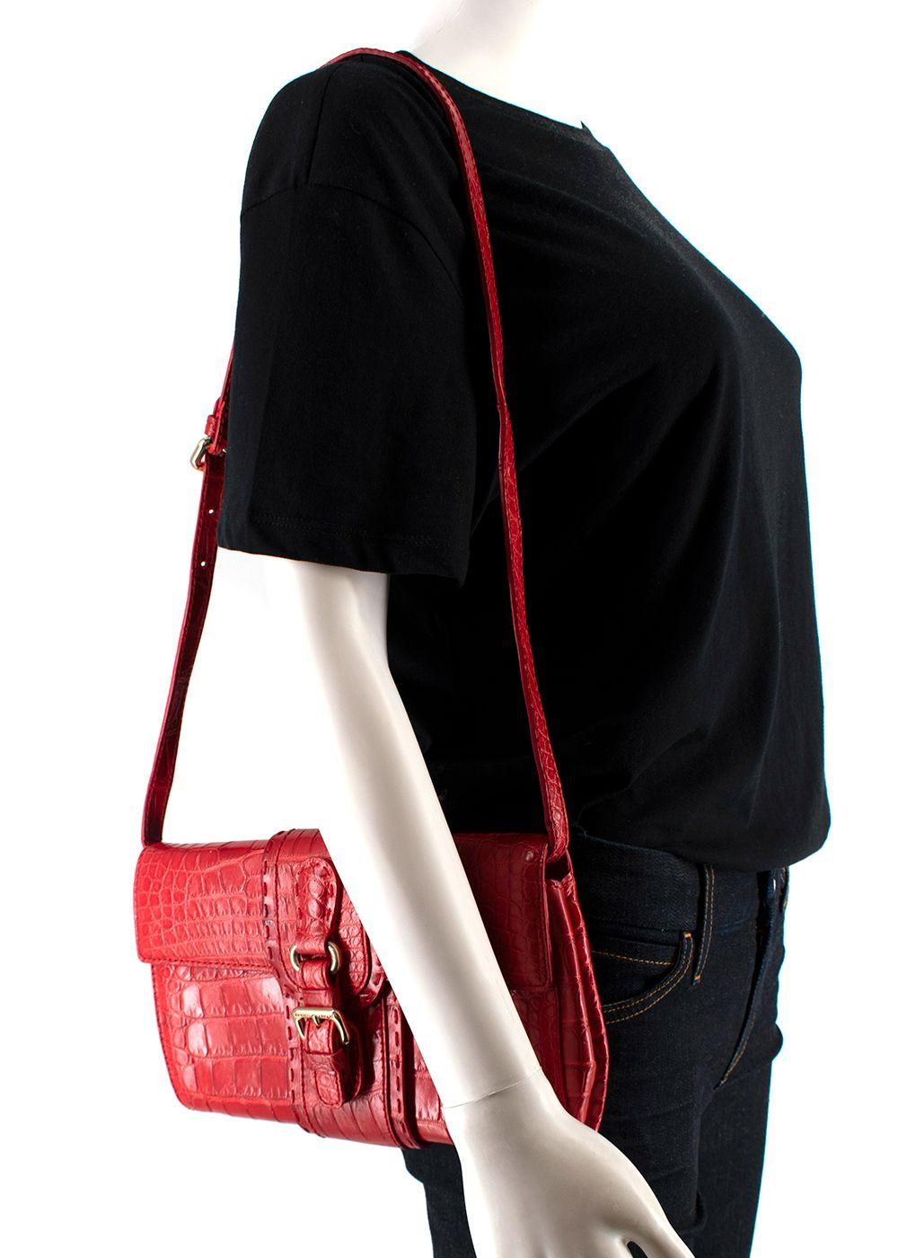 Giorgio Armani Red Crocodile Embossed Buckle Shoulder Bag