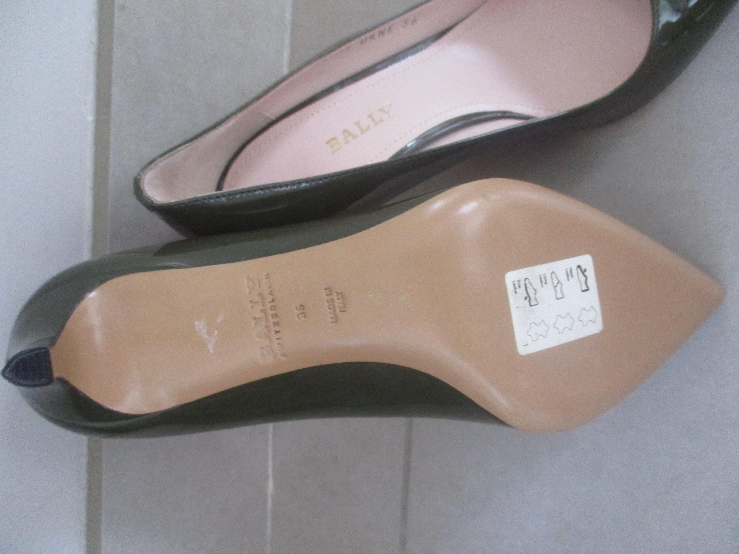 Bally Khaki Mid Heel Patent Pumps