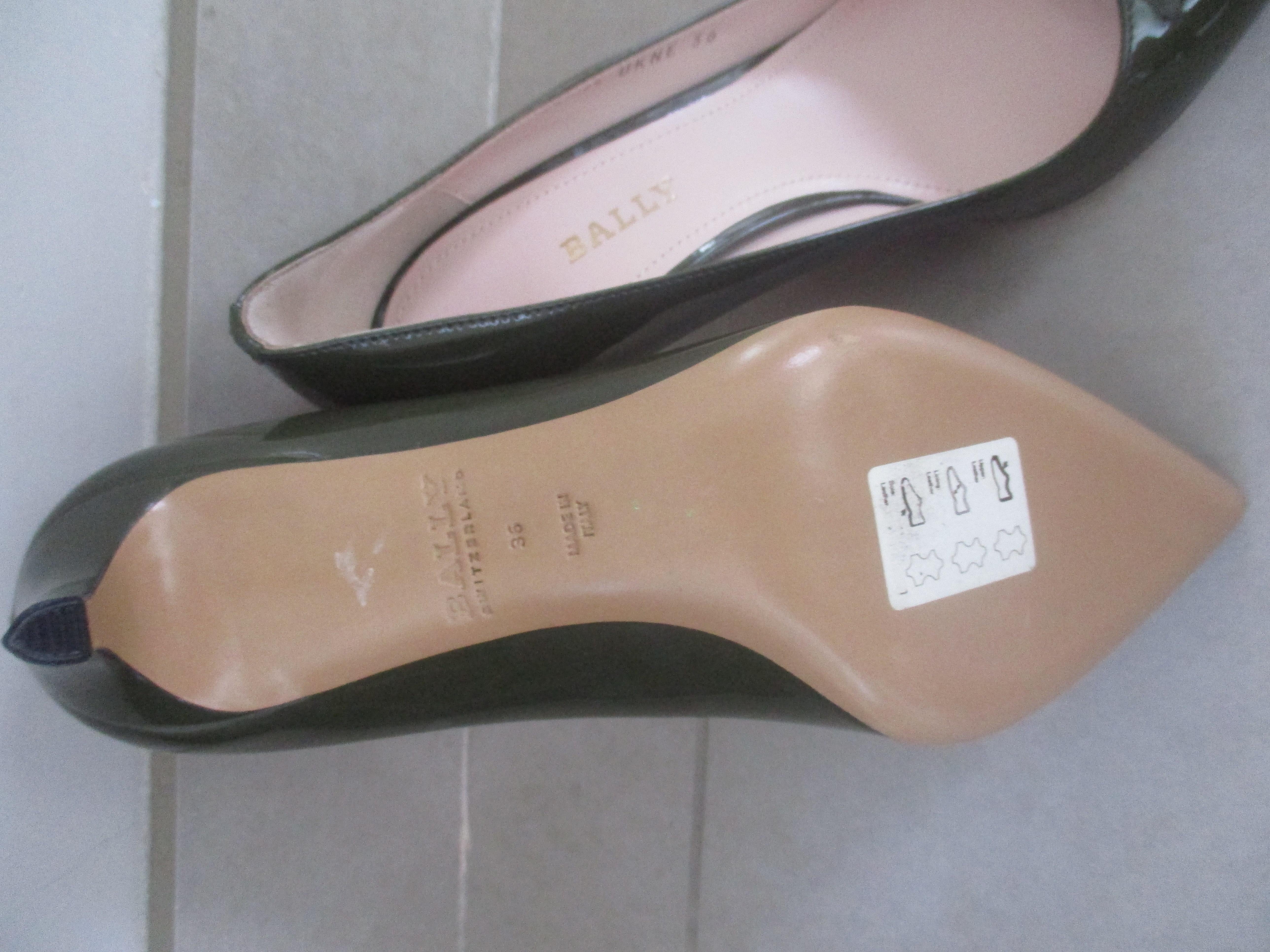 Bally Khaki Mid Heel Patent Pumps