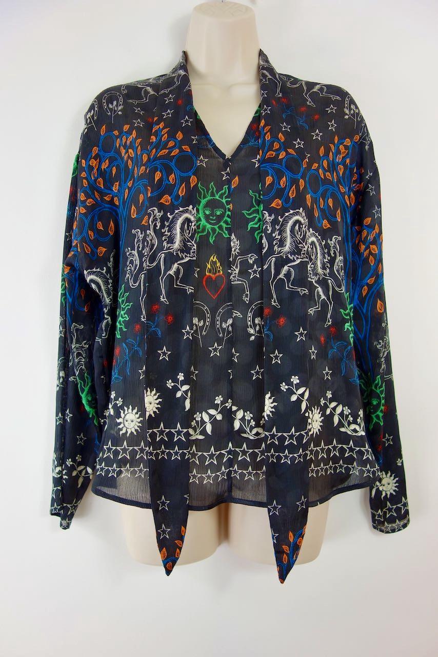 Black zodiac print crepe lavaliere blouse