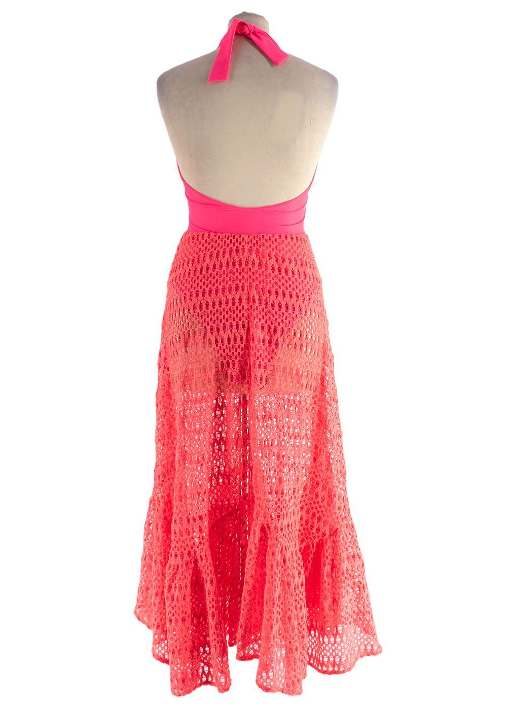 PatBO Neon Coral Halter Crochet Beach Dress