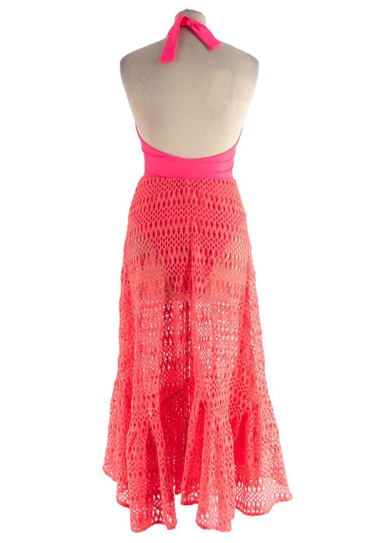 PatBO Neon Coral Halter Crochet Beach Dress