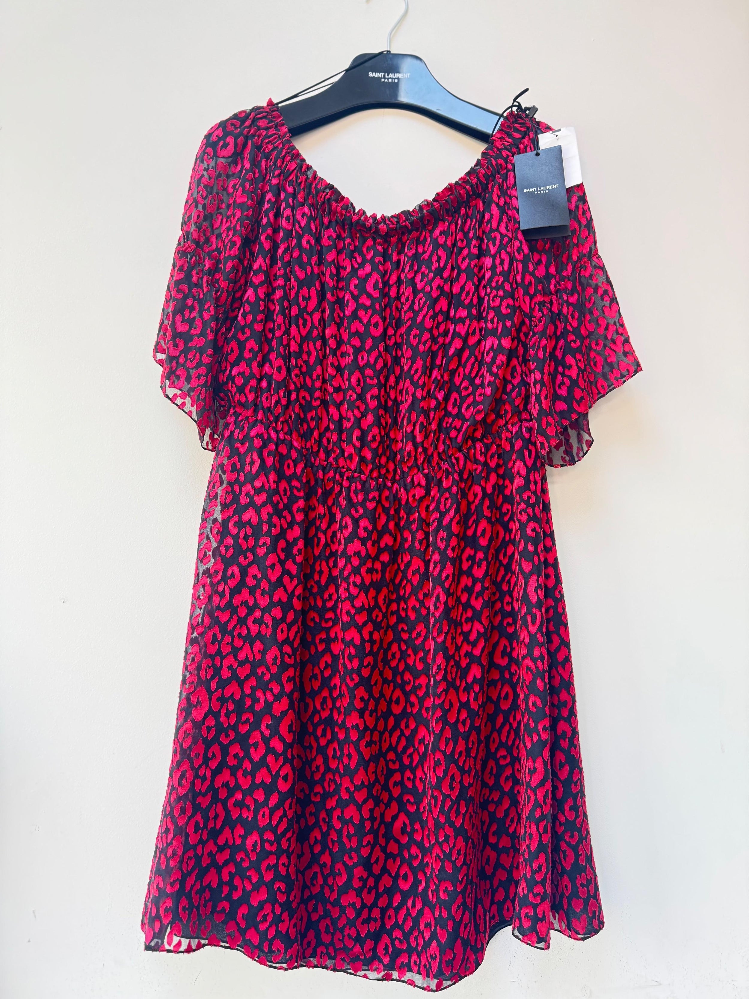Saint Laurent Red Bardot Silk Mini Dress