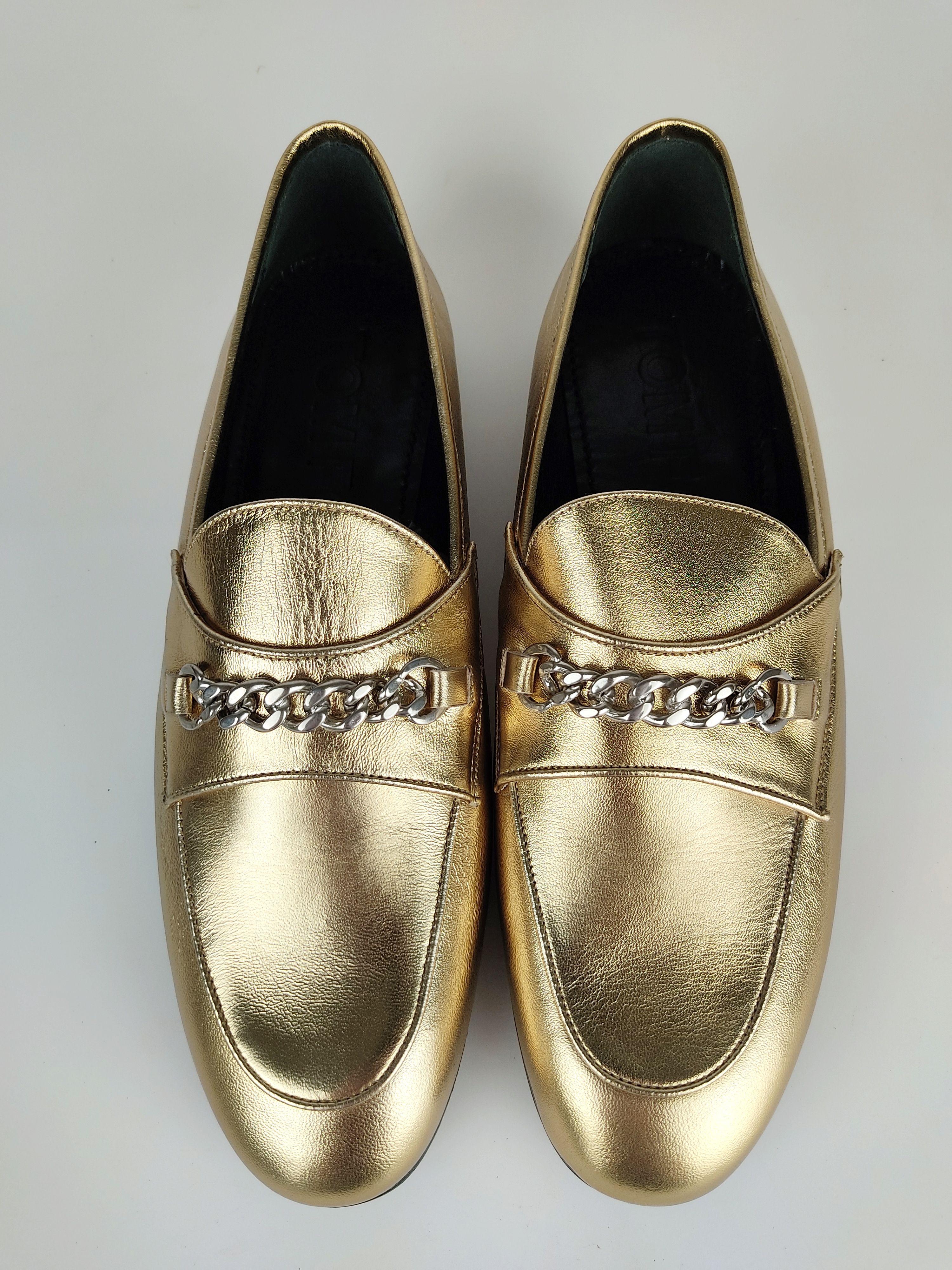 Gold leather chain embellished flat loafers