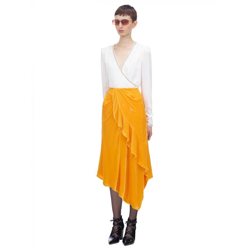 Self Portrait Yellow Velvet Ruffle Midi Skirt