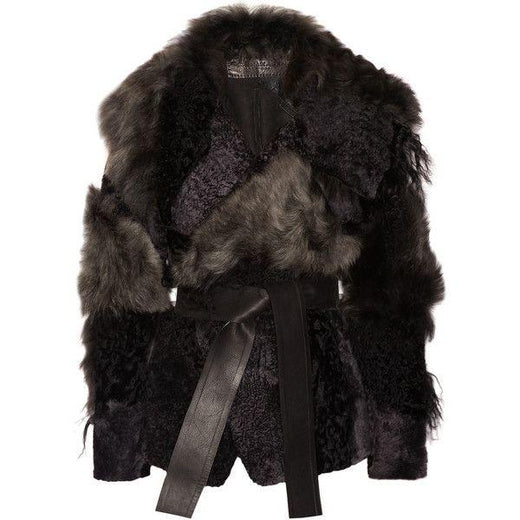 Donna Karan Leather Trimmed Patchwork Shearling Coat