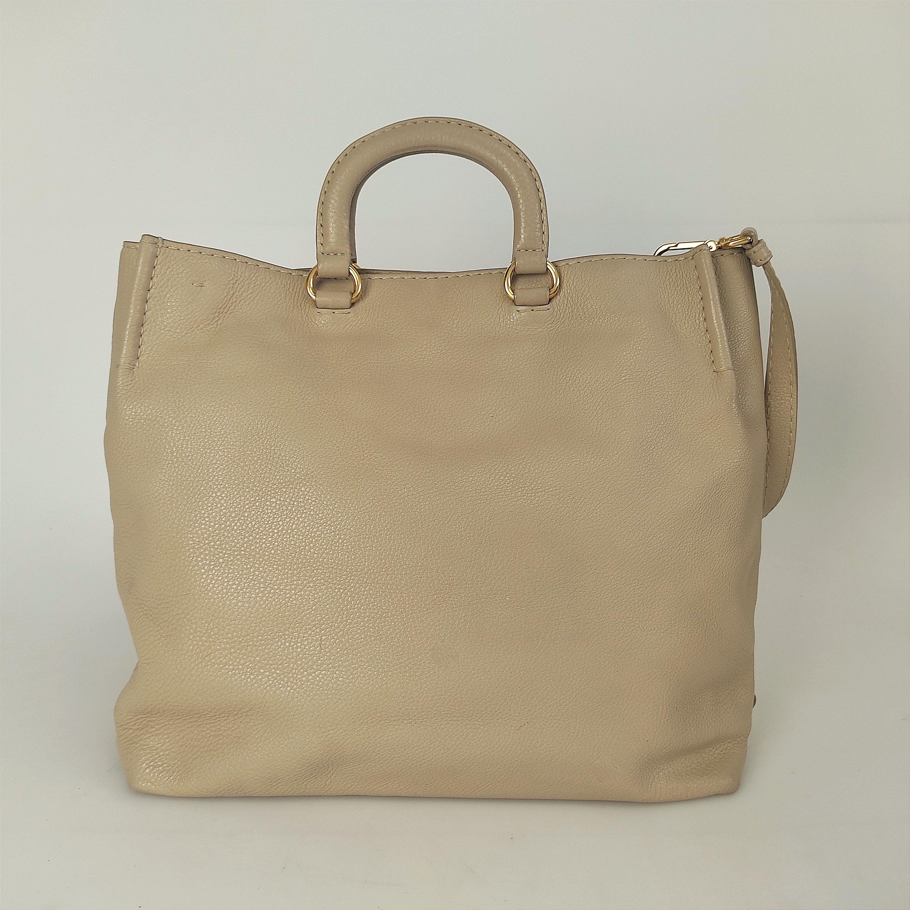 Beige leather logo embossed tote bag