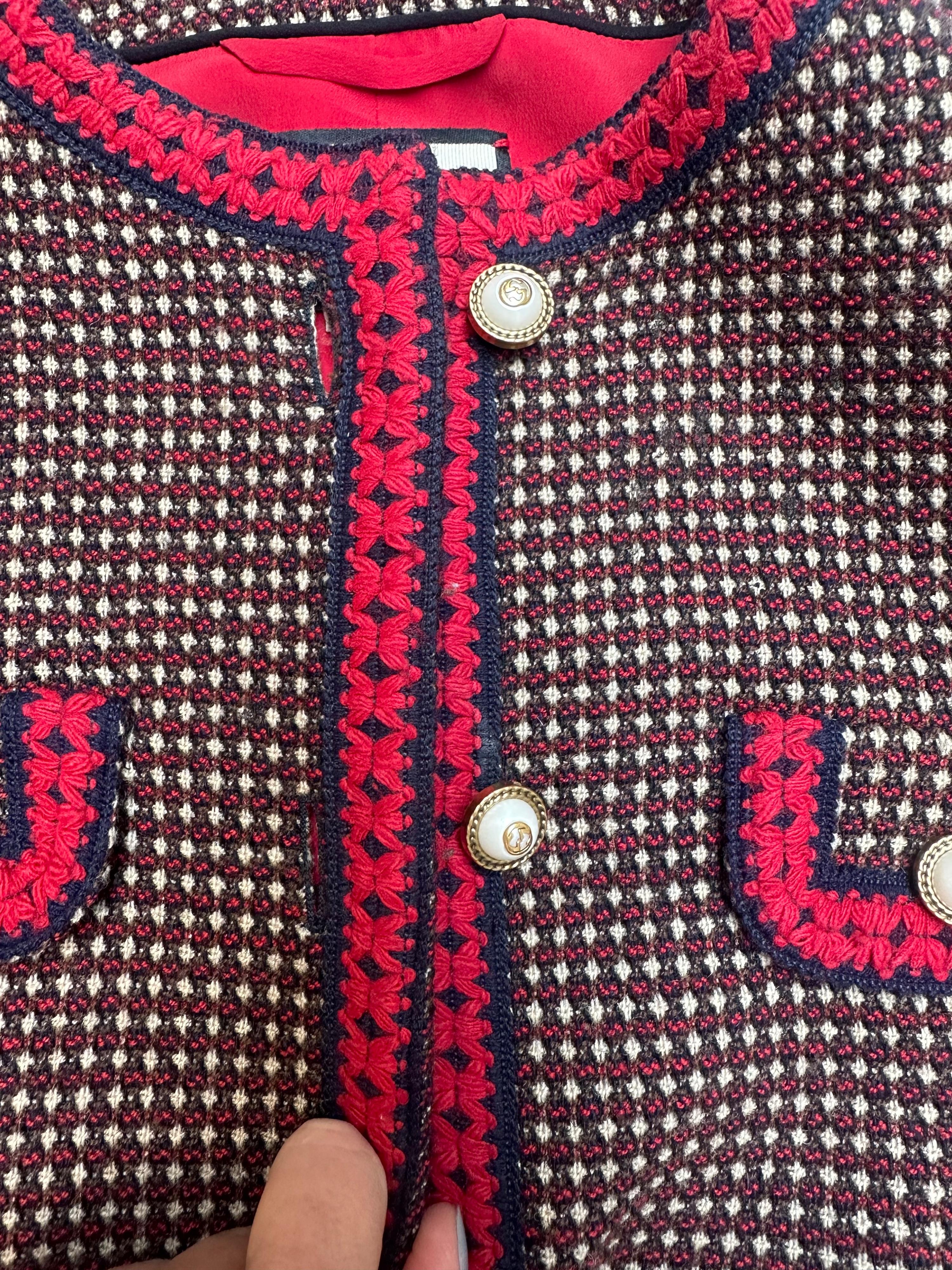Gucci Red Tiger Embroidered Jacket with Faux Pearl Button Detail