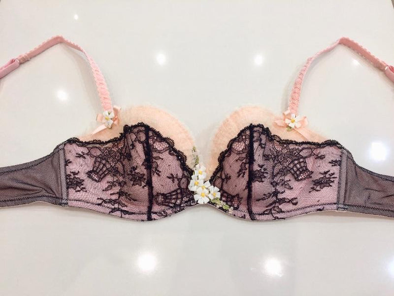 Chantal Thomass Pink Tulle & Black Leavers Lace Hand Embroidered Daisy Set