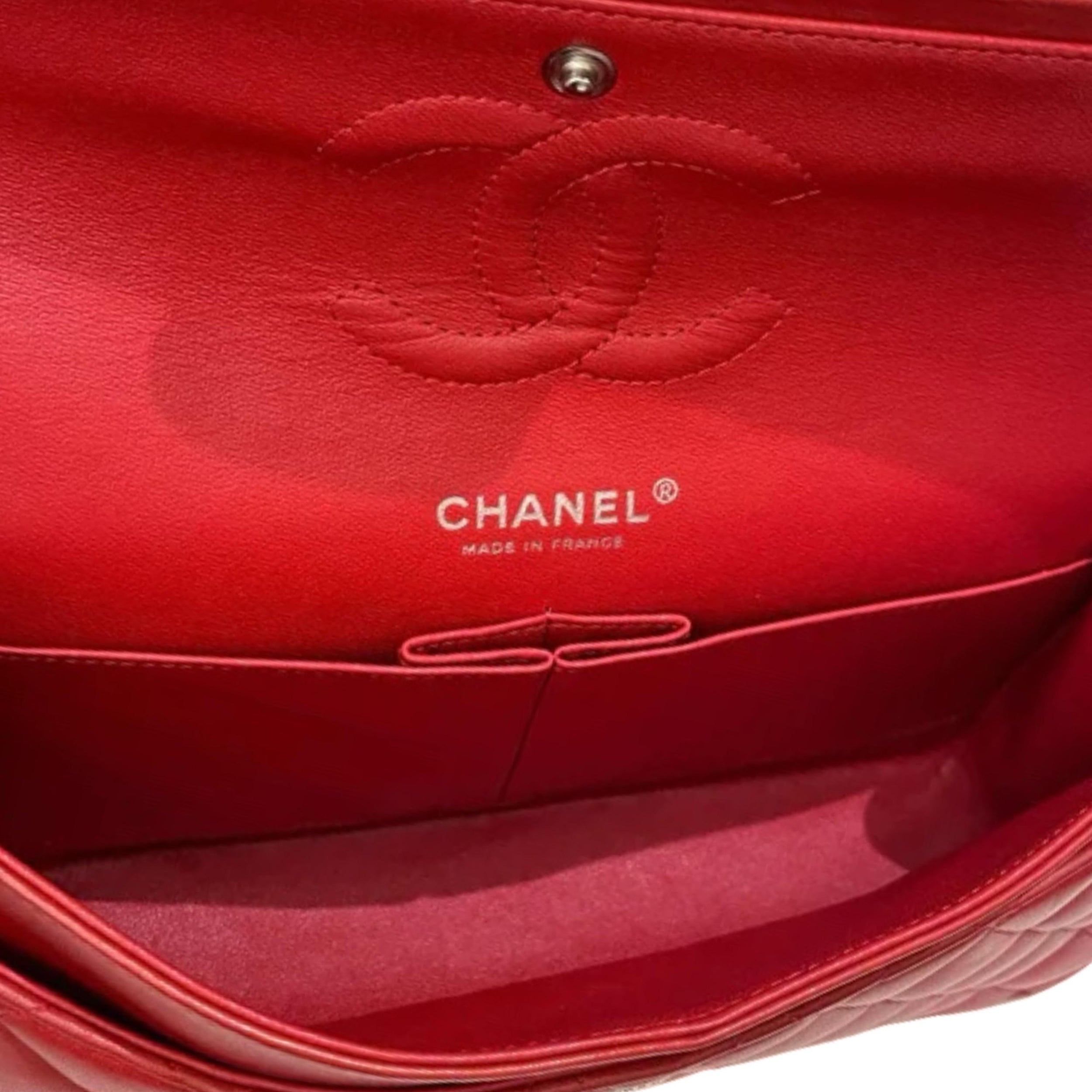 Chanel Red Lambskin Medium Double Flap Bag with Brushed Gold Hardware