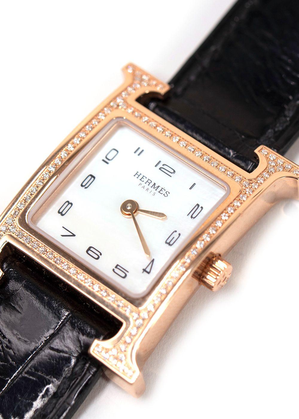 Hermes Black Alligator and Diamond Heure H Watch with Rose Gold Hardware