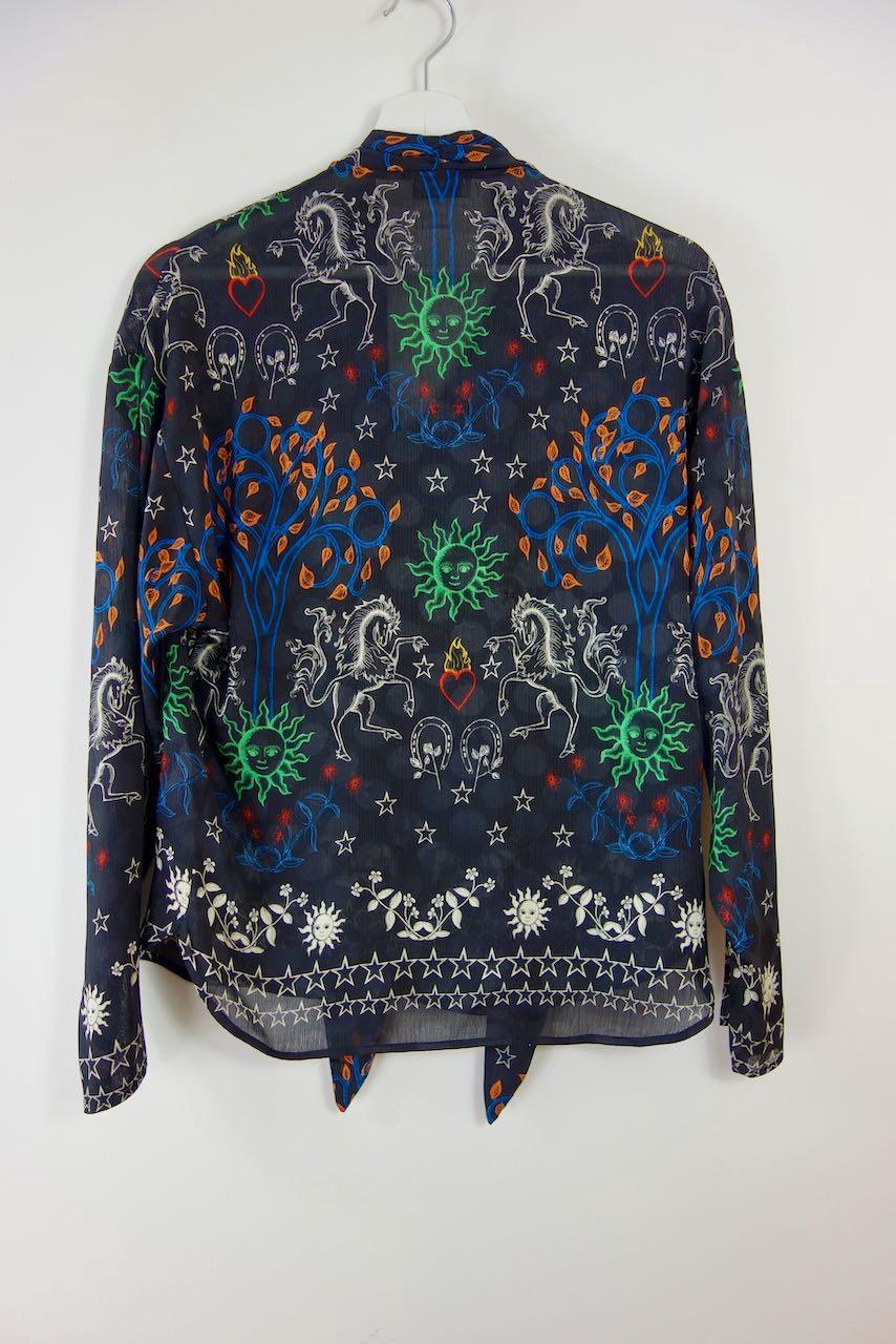 Black zodiac print crepe lavaliere blouse