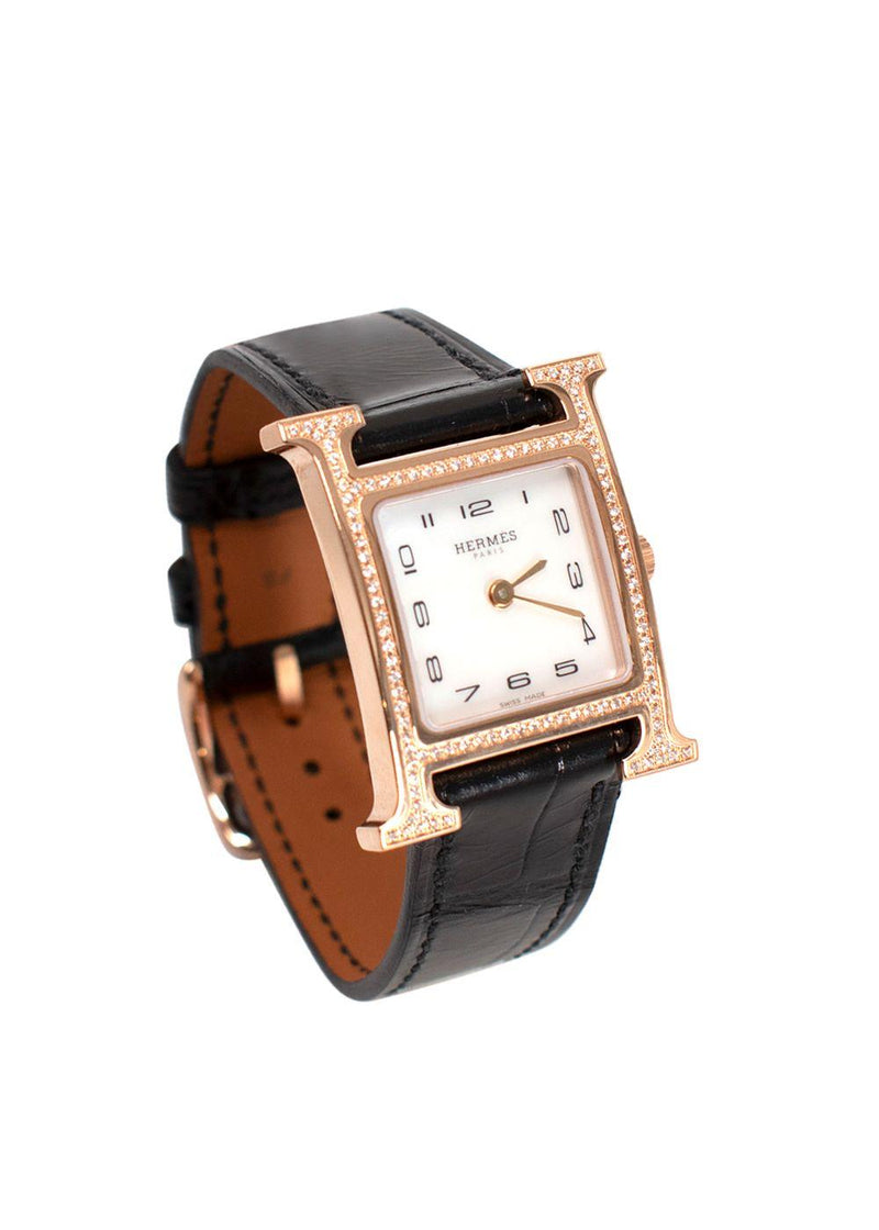 Hermes Black Alligator and Diamond Heure H Watch with Rose Gold Hardware