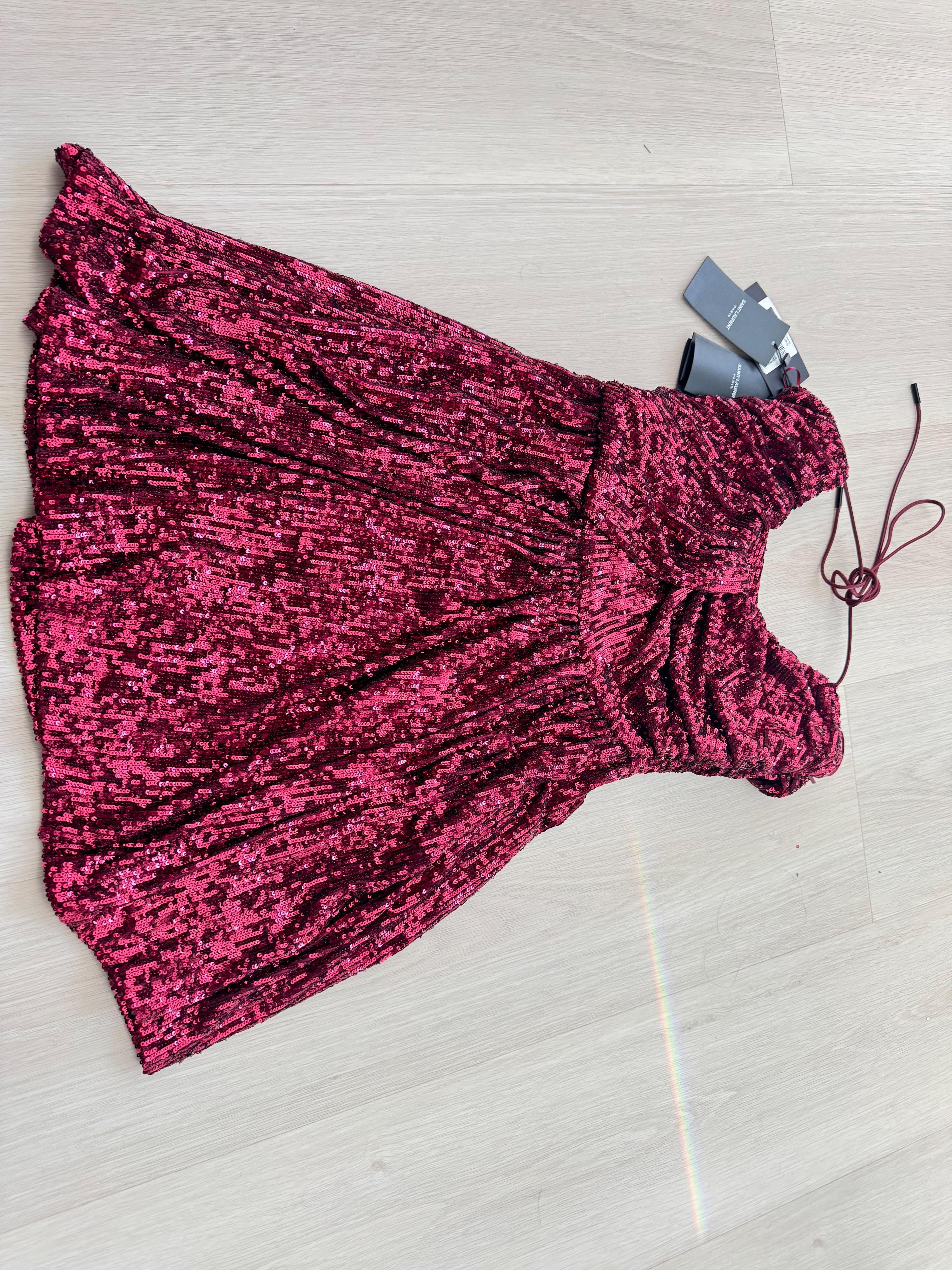 Saint Laurent Burgundy Sequin Halter Neck Mini Dress