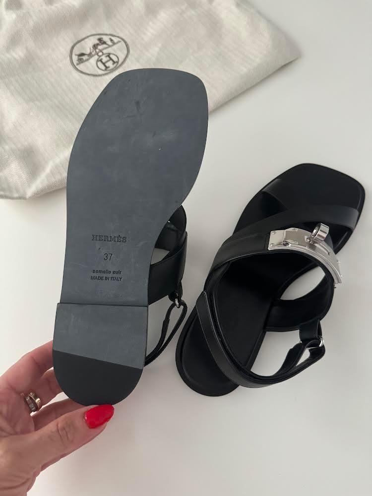 Hermes Black Leather Ines Sandals