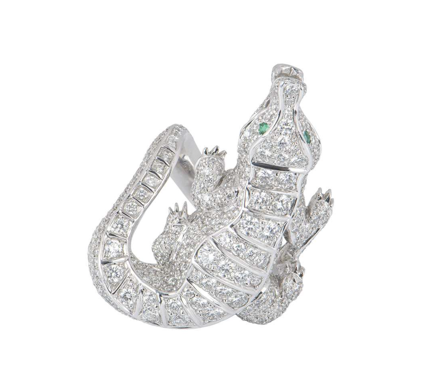 18ct white gold, diamond & emerald alligator dress ring 5.75ct 63.5EU