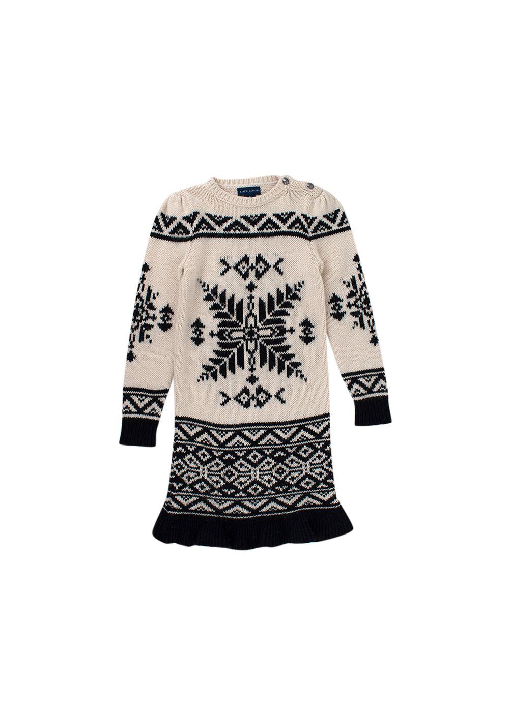 Kids 6Y Cream and Blue Intarsia Wool Jumper Dress