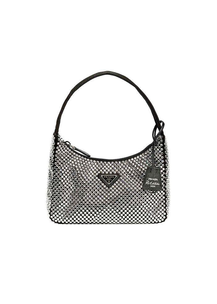 Black Satin Crystal Embellished Re-Edition 2000 Mini Bag