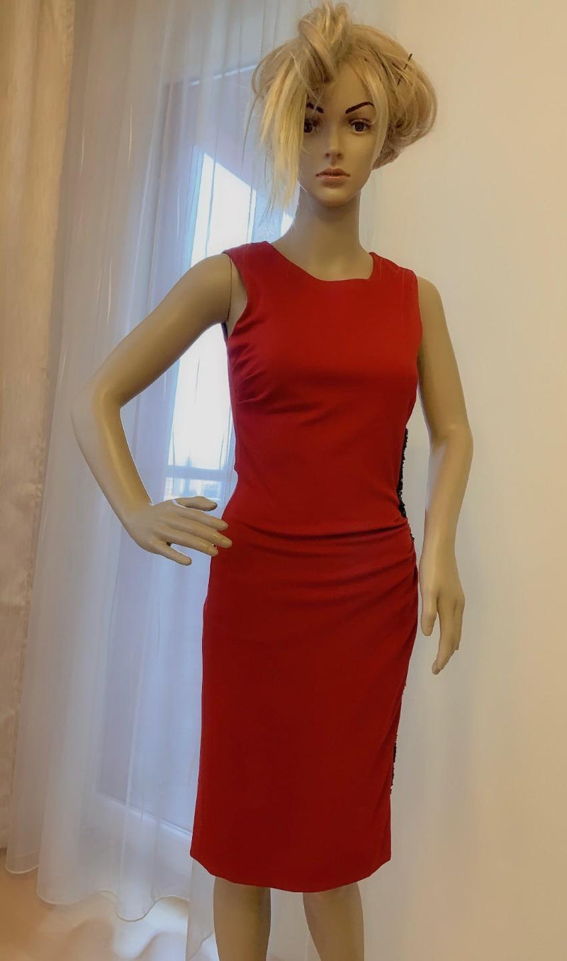 Escada red dress with black bead and sequin detail