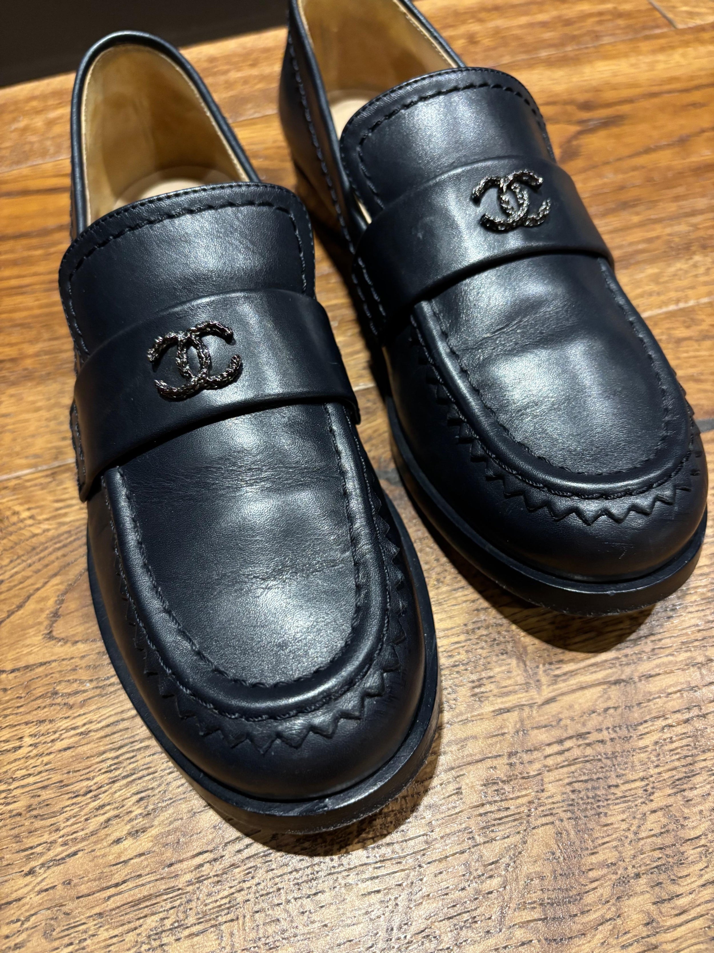Chanel Navy Leather Moccasins