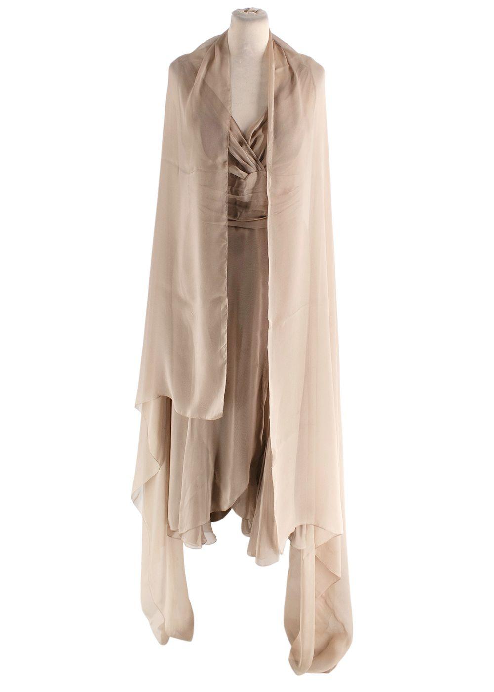 Alberta Ferretti Camel Silk Chiffon Draped Midi Dress