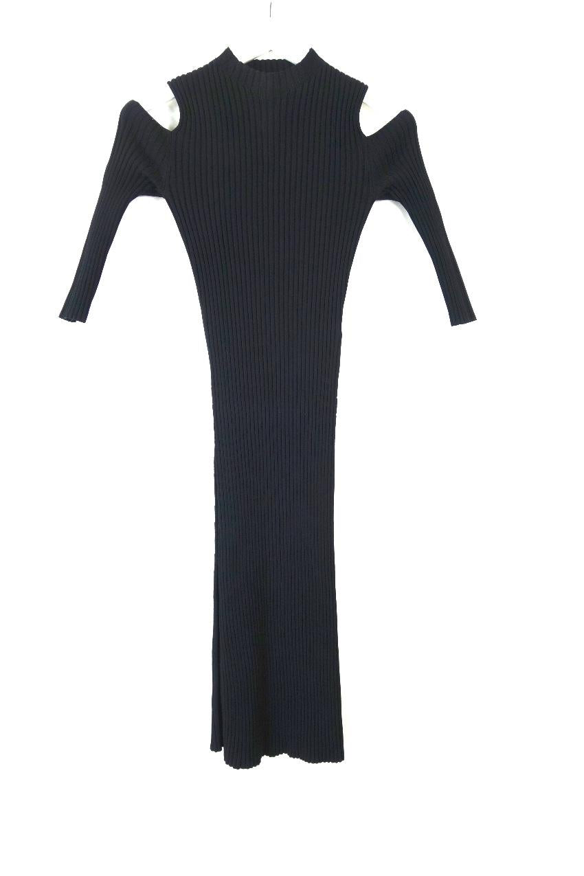Maje Black Ribbed Knit Cold Shoulder Dress