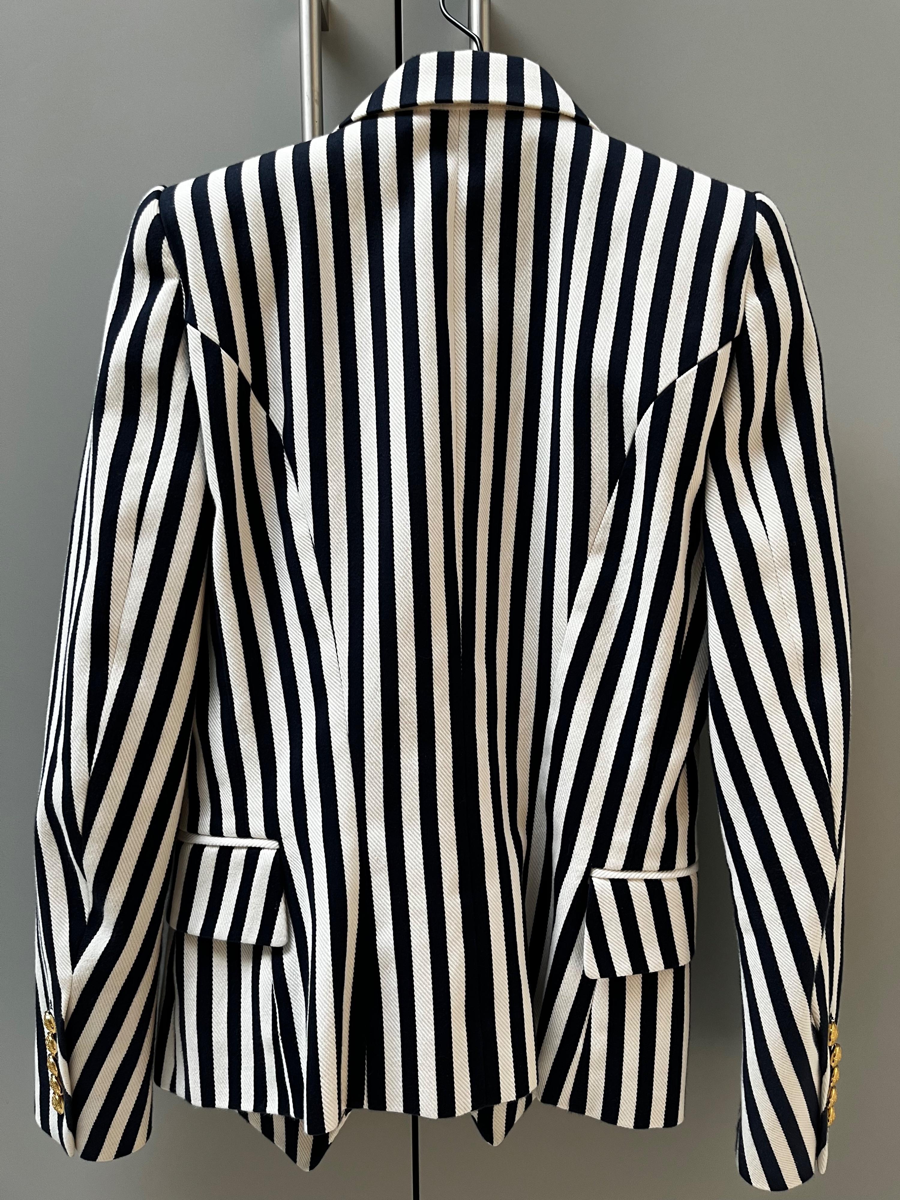 Balmain Navy and White Striped Double Breasted Blazer
