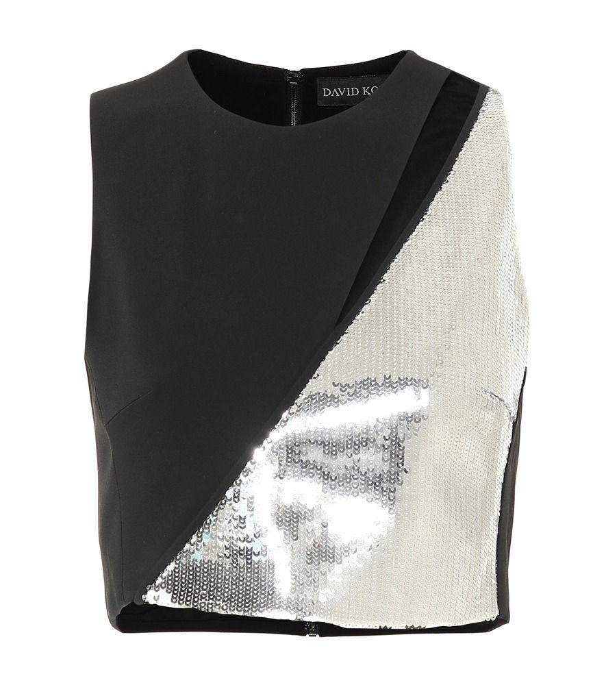 David Koma Silver Sequin Panelled Black Crepe Pants & Top
