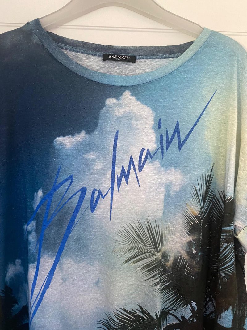 Blue digital print linen T-shirt