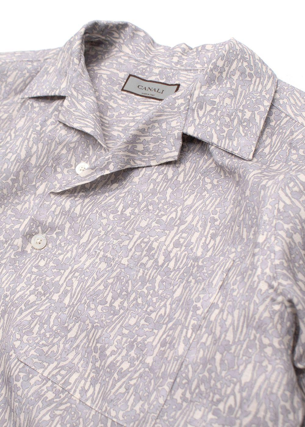 Canali Grey Botanical Pattern Short Sleeve Linen Shirt