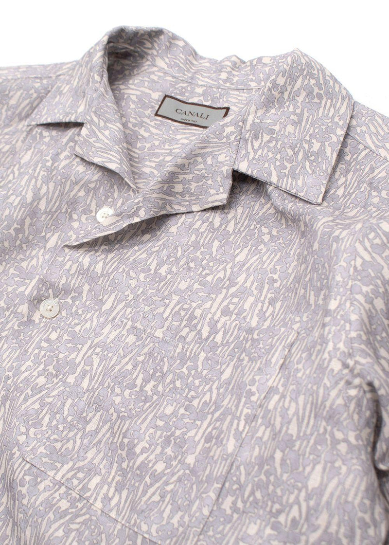 Canali Grey Botanical Pattern Short Sleeve Linen Shirt