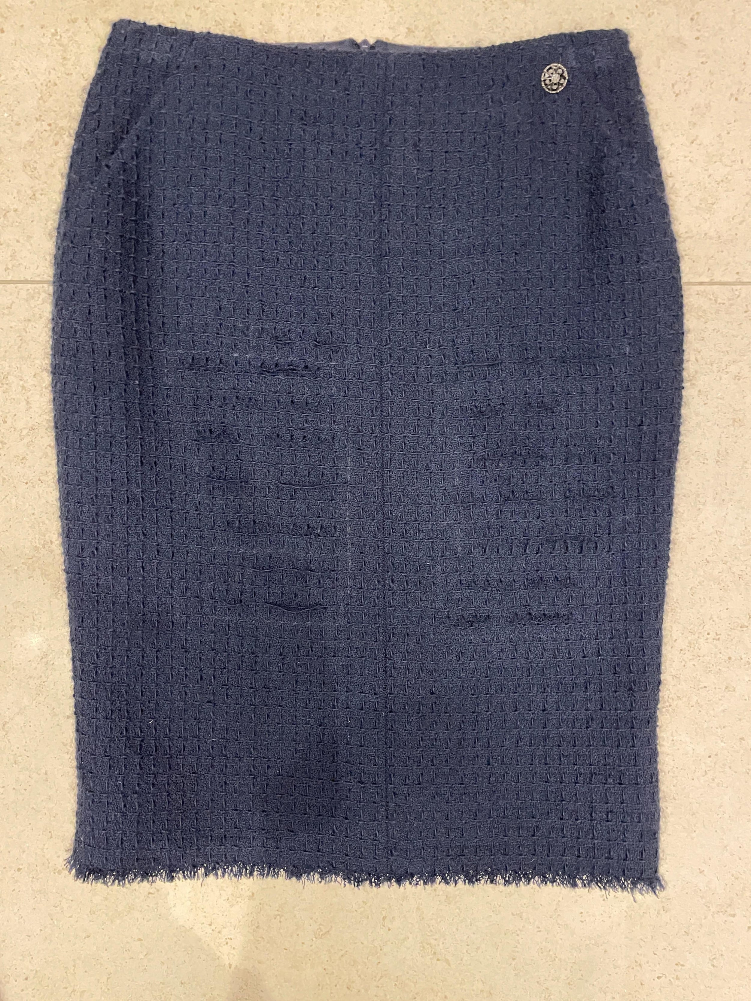 Navy Blue Lesage Tweed Knee Length Skirt
