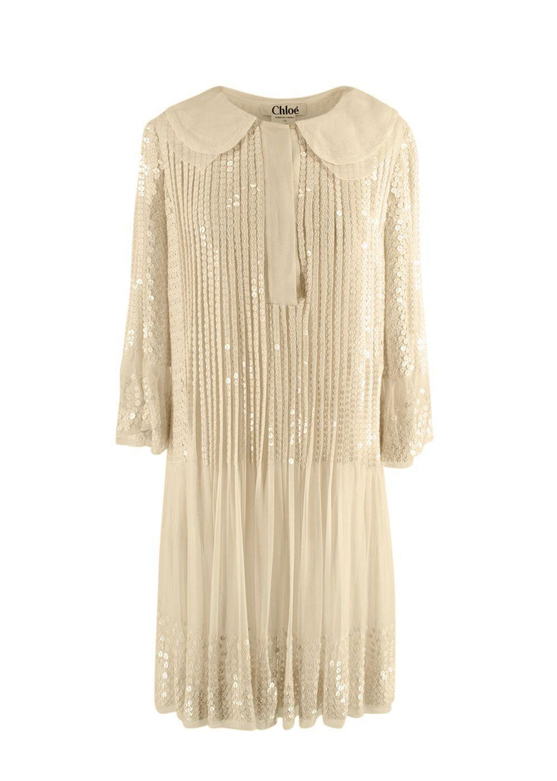 Chloe Ecru Sequin Embroidered Silk Pleated Dress